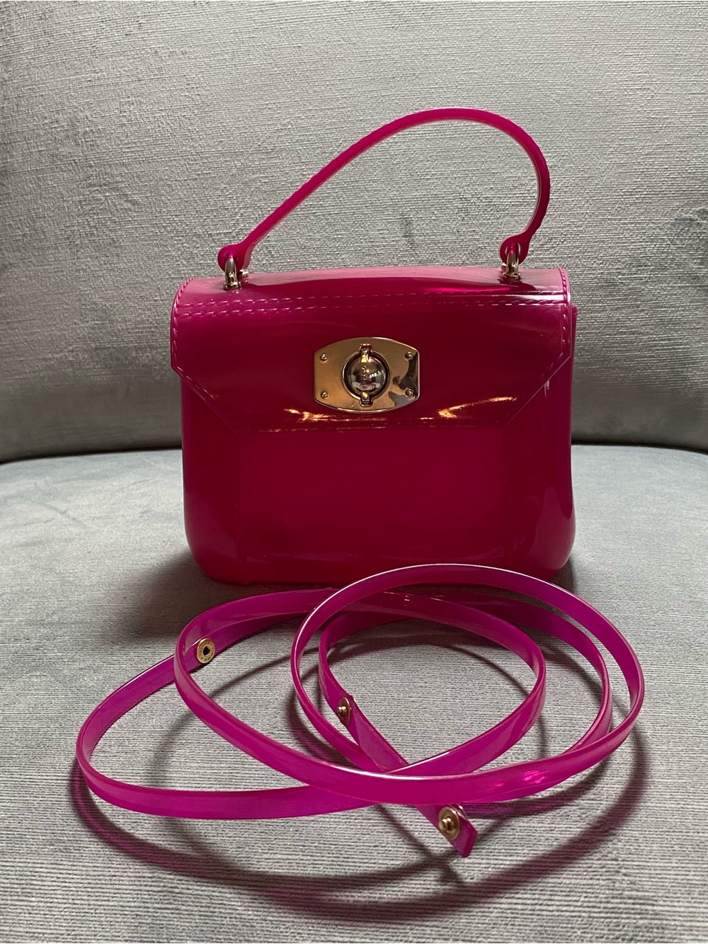 Furla Glossy Hot Pink Top-Handle Mini Crossbody, gold Hardware Like New